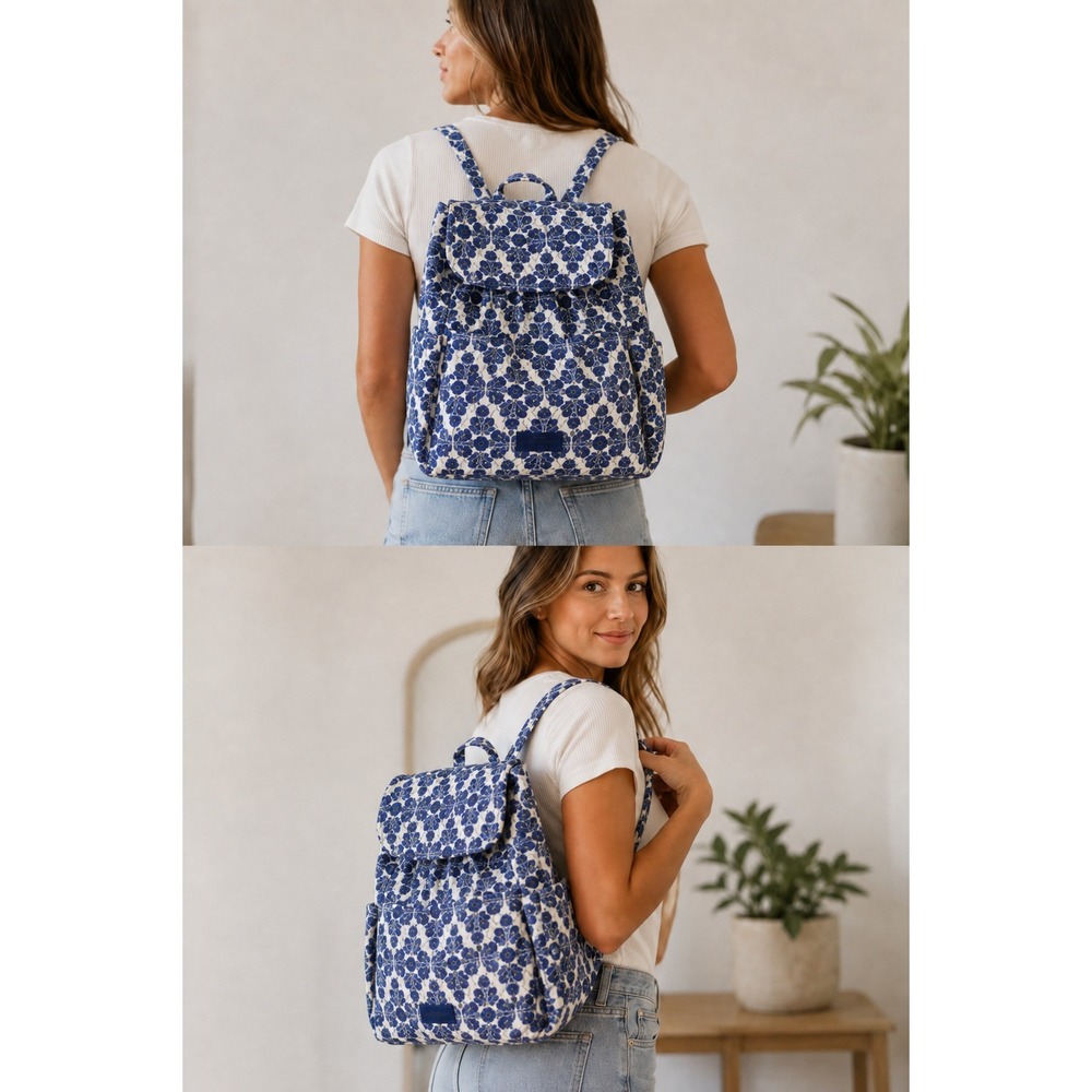 Vera Bradley Backpack Quilted Drawstring Cobalt Tile Lighten Up Summer 2016